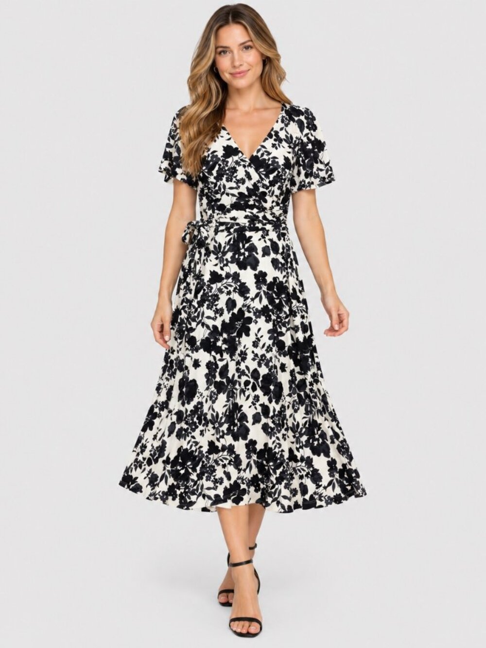 Lauren Ralph Lauren Women's 2 Black White Floral Faux Wrap Midi Dress Beautiful